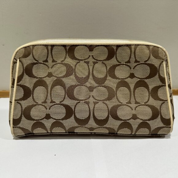 Coach Signature Canvas Cosmetic Pouch in brown and cream - Picture 9 of 12